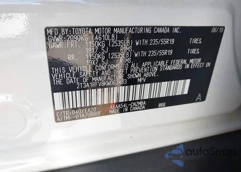 2019 Toyota Rav4 Xle Premium z USA, uszkodzony, nr VIN 2T3A1RFV8KW063483
